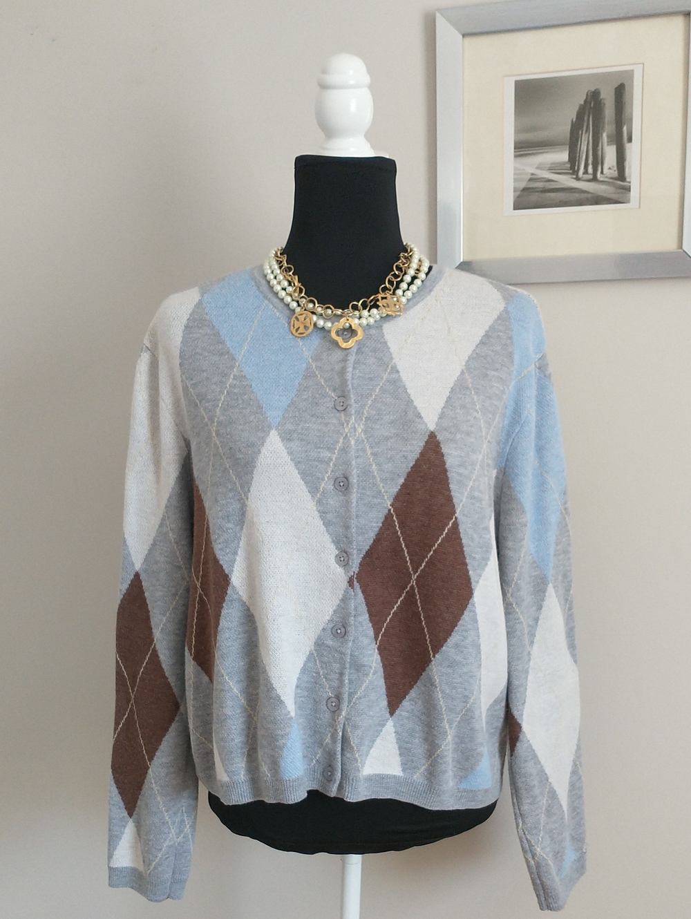 CeCe Argyle Button-Front Cardigan in Blue, Gray, Brown SIZE L